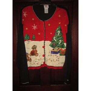 Nutcracker L Cardigan Sweater Top Christmas Embroidered Tree Bears Beaded Xmas